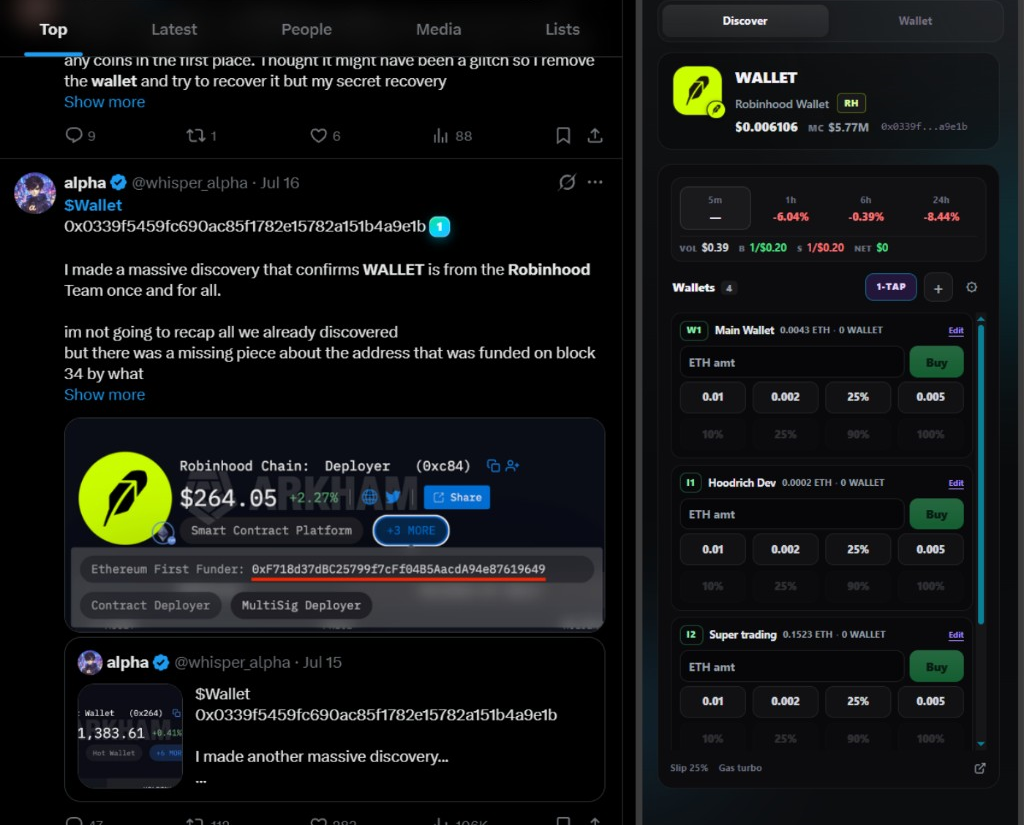 Orbital Wallet side panel detecting and trading a token found on X